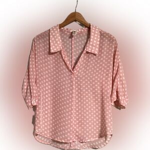 Beautiful elegant sheer blouse. Pink with white polka dots. Size Medium